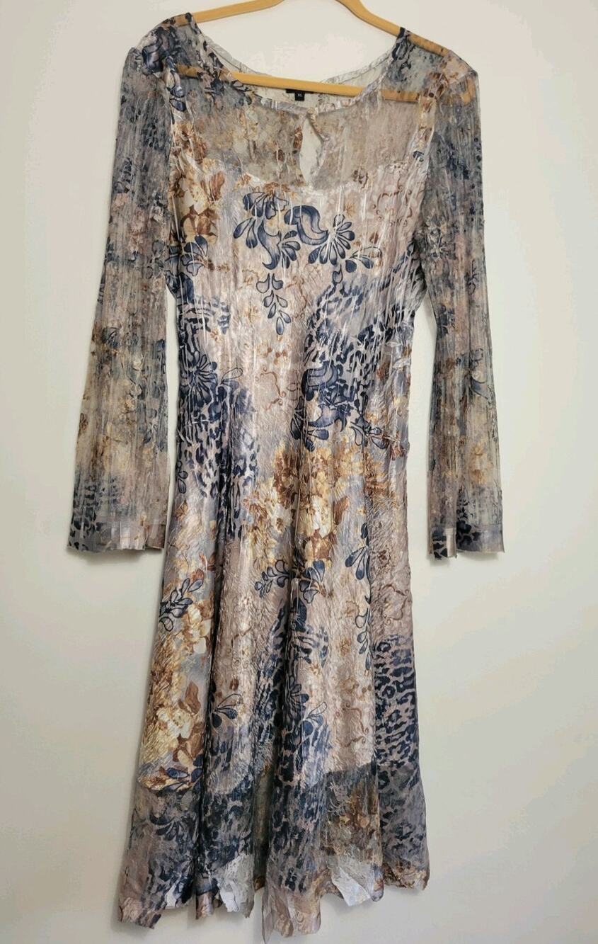 Komarov Floral Leopard Animal Print Crinkle Lace Midi Dress XL Modest Charmeuse